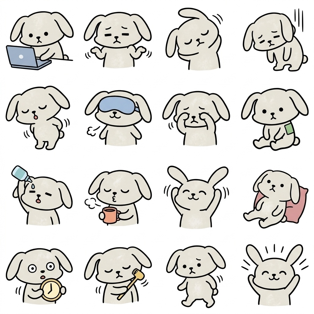 【画像素材】デスクワークの肩こり・目の疲れに!手描き風うさぎの日常イラスト16種セット