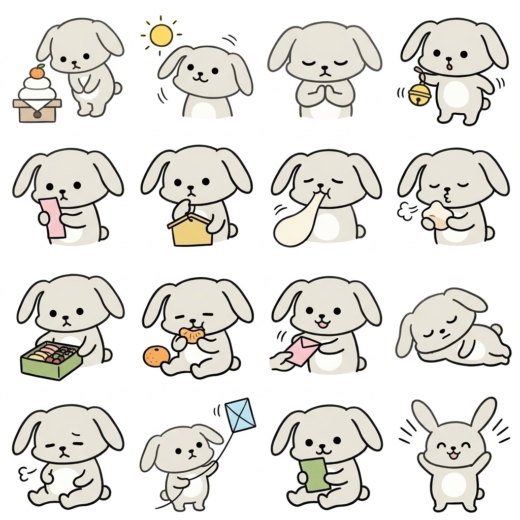 【画像素材】お正月のだらだら・初詣・おもちに！手描き風うさぎの日常イラスト16種セット