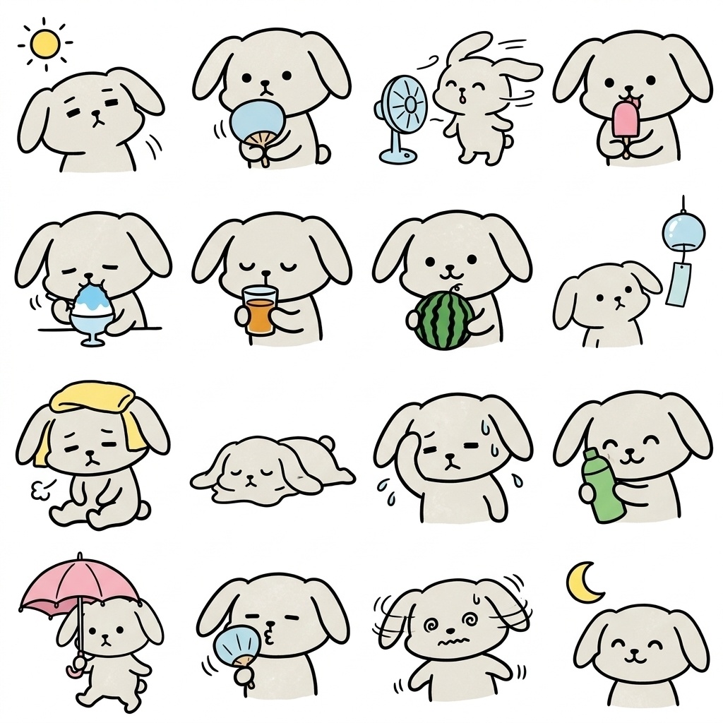 【画像素材】夏バテ・猛暑のぐったりに！手描き風うさぎの日常イラスト16種セット