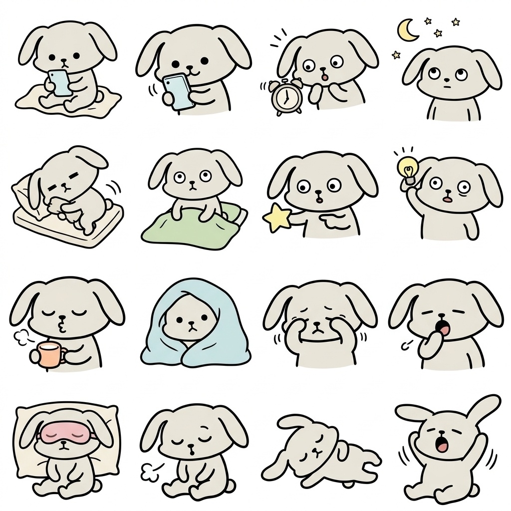 【画像素材】夜ふかし・眠れない夜に!手描き風うさぎの日常イラスト16種セット