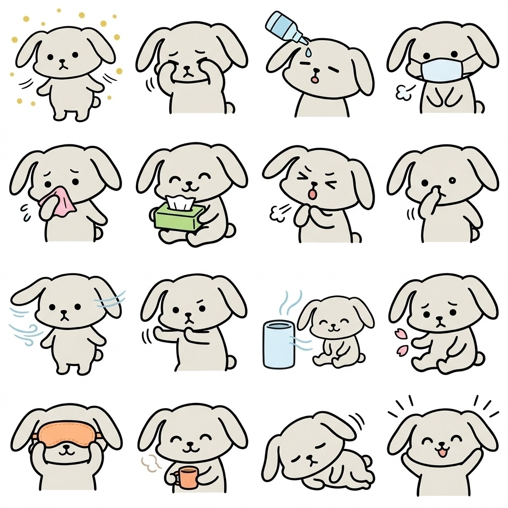 【画像素材】花粉症のつらい季節に！手描き風うさぎの日常イラスト16種セット