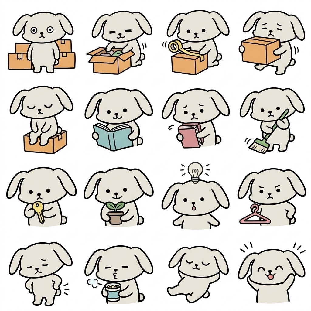 【画像素材】引っ越し・荷造りに！手描き風うさぎの日常イラスト16種セット