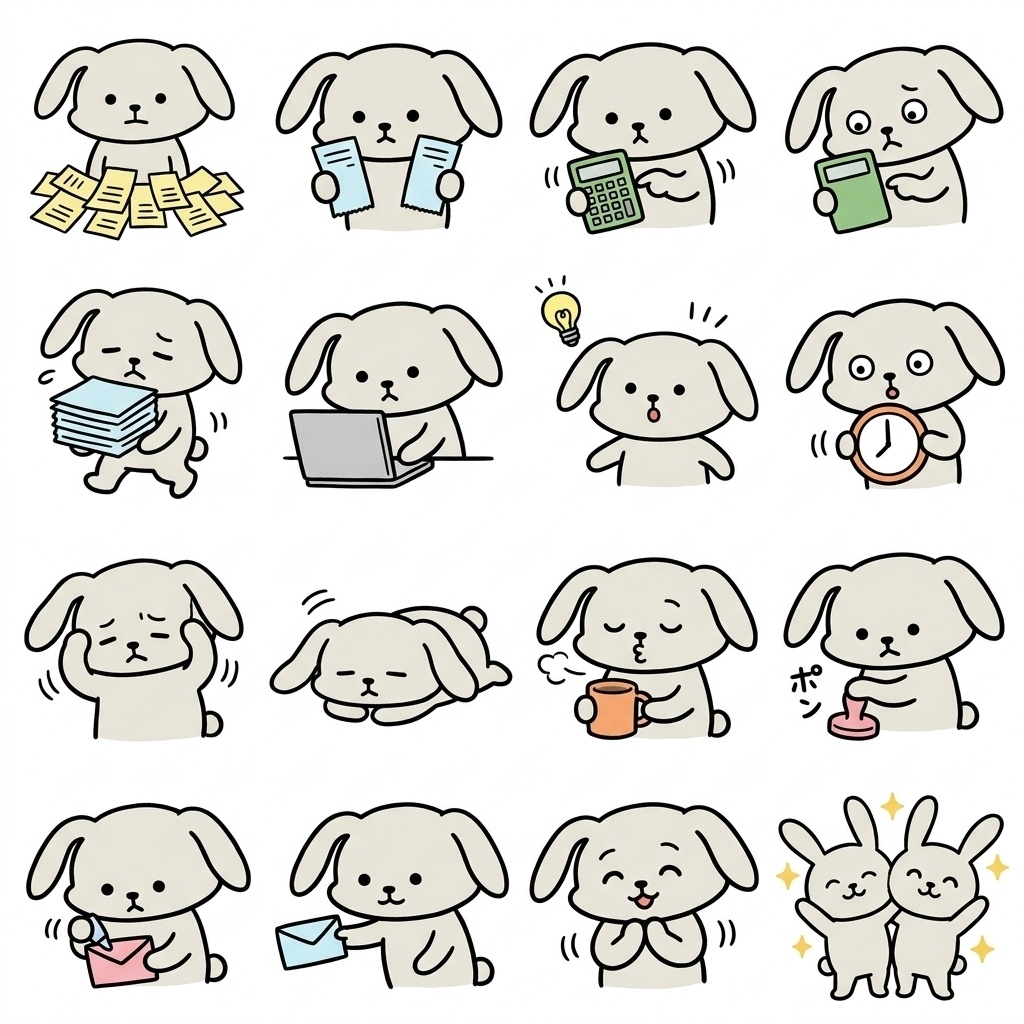 【画像素材】確定申告・書類仕事の焦りや安堵に！ゆるキャラ風ウサギの日常イラスト16種セット