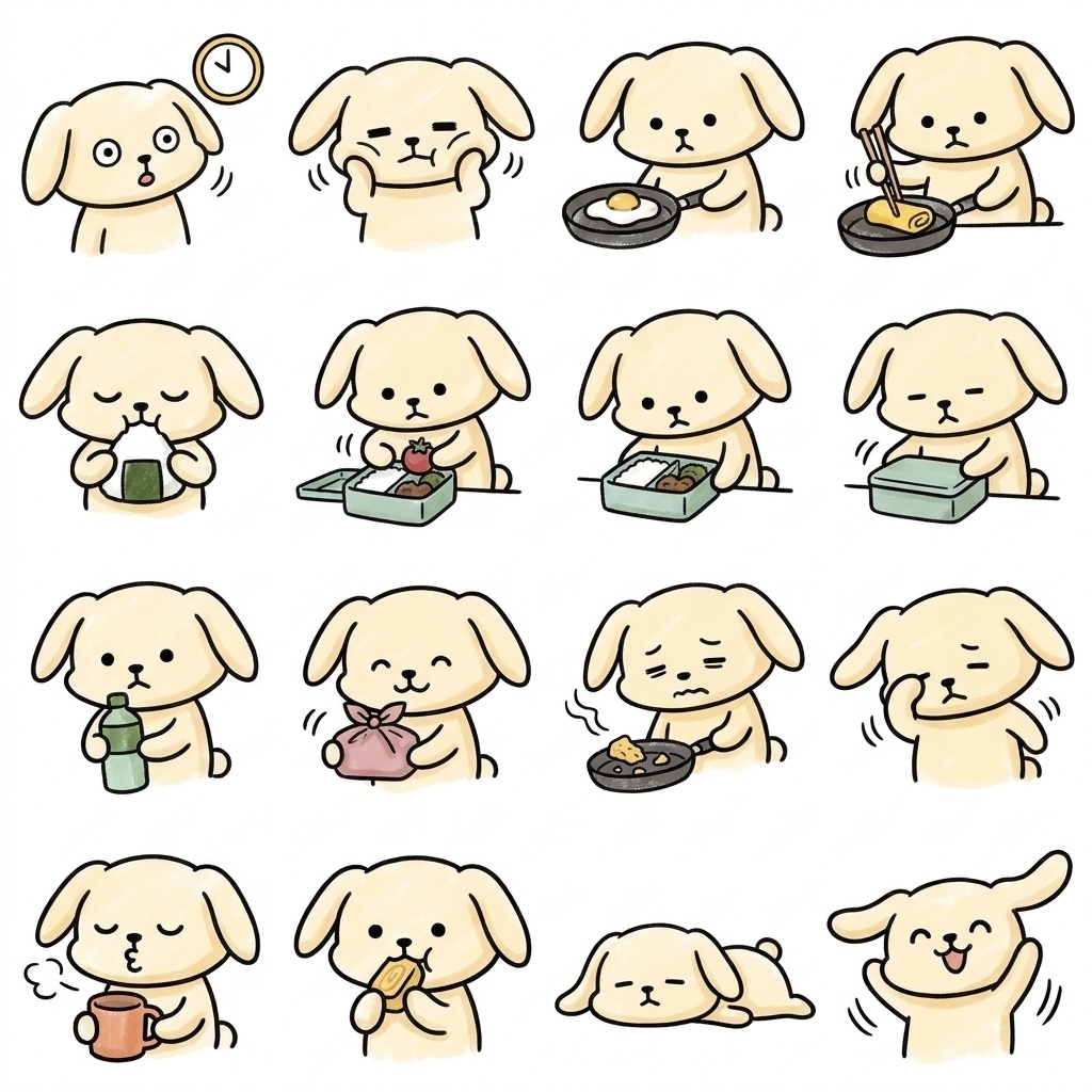 【画像素材】お弁当作り・朝のバタバタに！ゆるキャラ風ウサギの日常イラスト16種セット