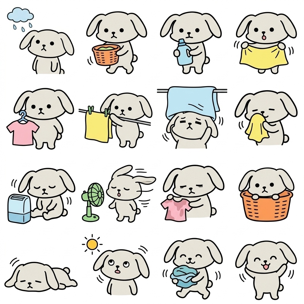 【画像素材】梅雨の洗濯物・部屋干しに！ゆるキャラ風ウサギの日常イラスト16種セット