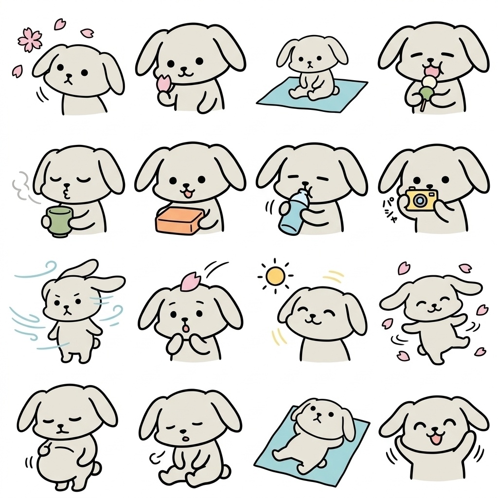 【画像素材】お花見・春のおでかけに!ゆるキャラ風ウサギの日常イラスト16種セット