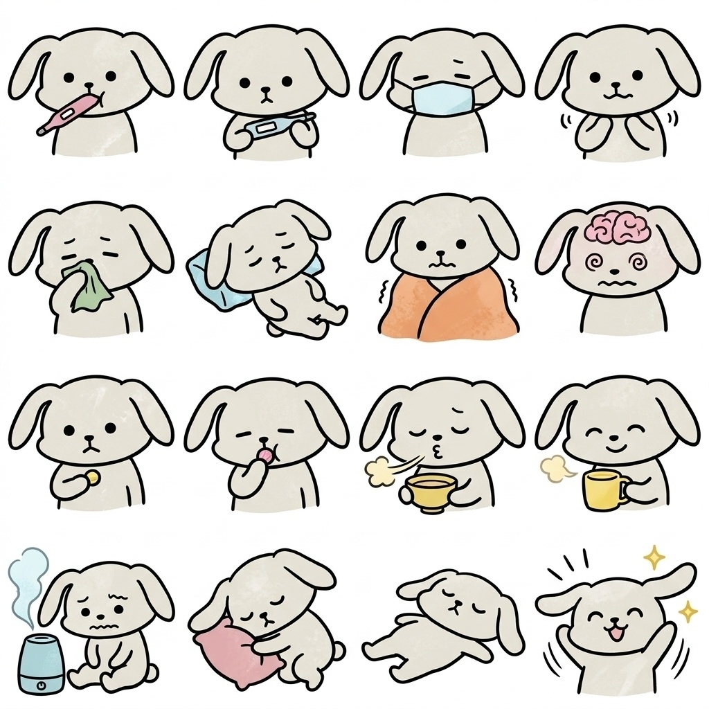 【画像素材】風邪・発熱の療養に！ゆるキャラ風ウサギの日常イラスト16種セット