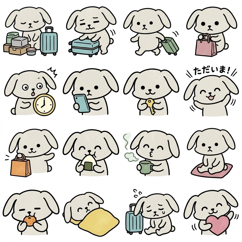 【画像素材】実家への帰省・里帰りに！ゆるキャラ風ウサギの日常イラスト16種セット