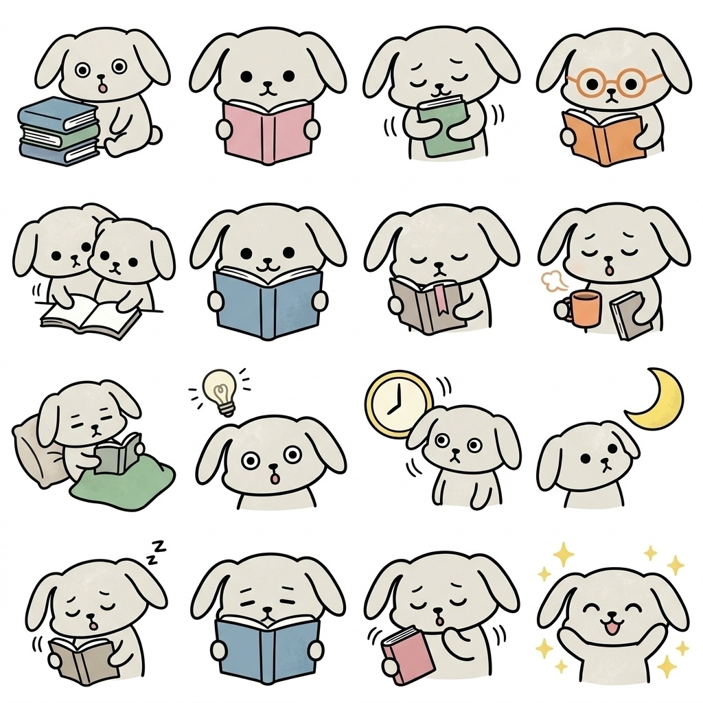 【画像素材】読書の時間・積読に！ゆるキャラ風ウサギの日常イラスト16種セット