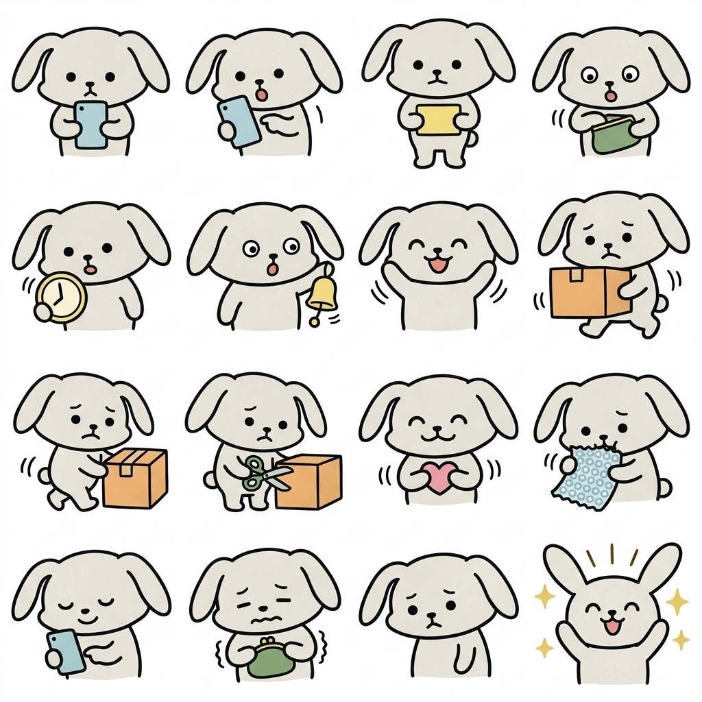 【画像素材】ネットショッピング・荷物の到着に！ゆるキャラ風ウサギの日常イラスト16種セット