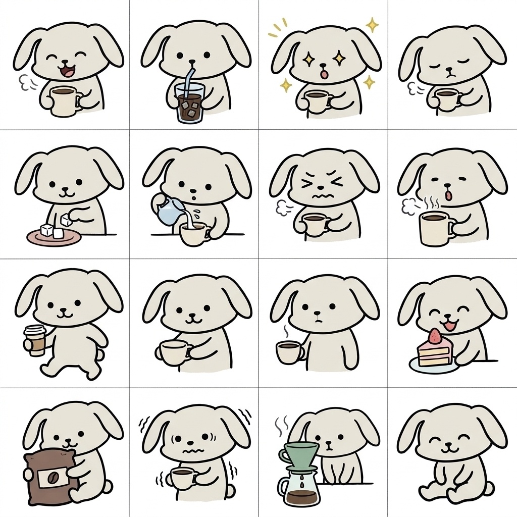 【画像素材】カフェ・コーヒータイムに！オフホワイトのウサギ日常イラスト16種セット