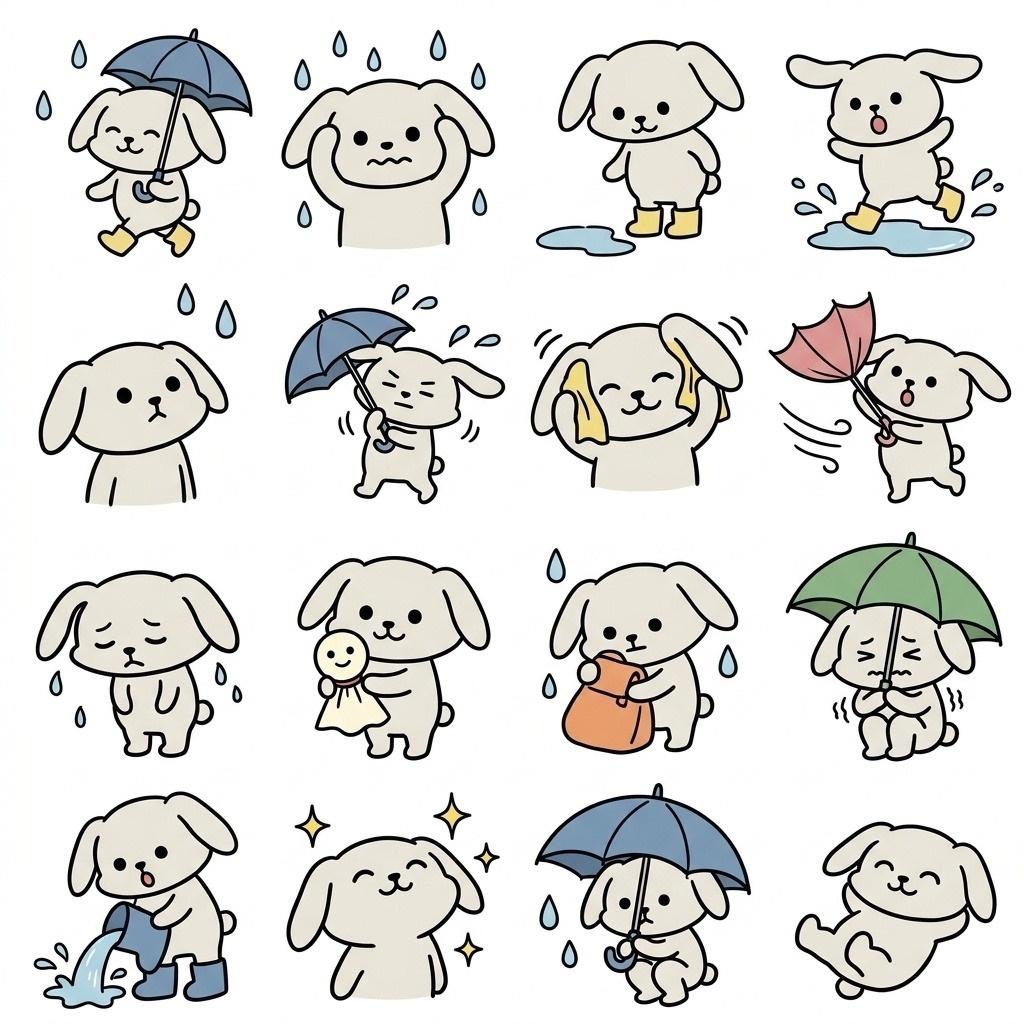 【画像素材】雨の日・おでかけに！オフホワイトのウサギ日常イラスト16種セット