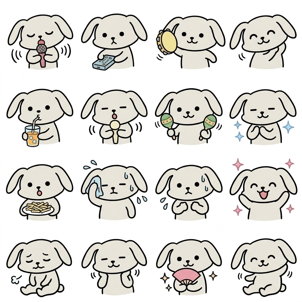【画像素材】ひとりカラオケ・音楽タイムに！オフホワイトのウサギ日常イラスト16種セット