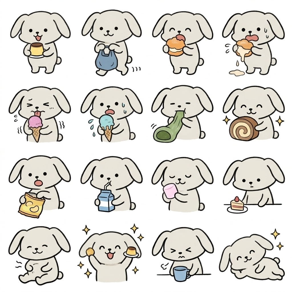 【画像素材】コンビニスイーツ・おやつタイムに！オフホワイトのウサギ日常イラスト16種セット