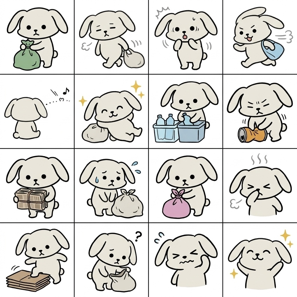 【画像素材】ゴミ出し・分別に！オフホワイトのウサギ日常イラスト16種セット
