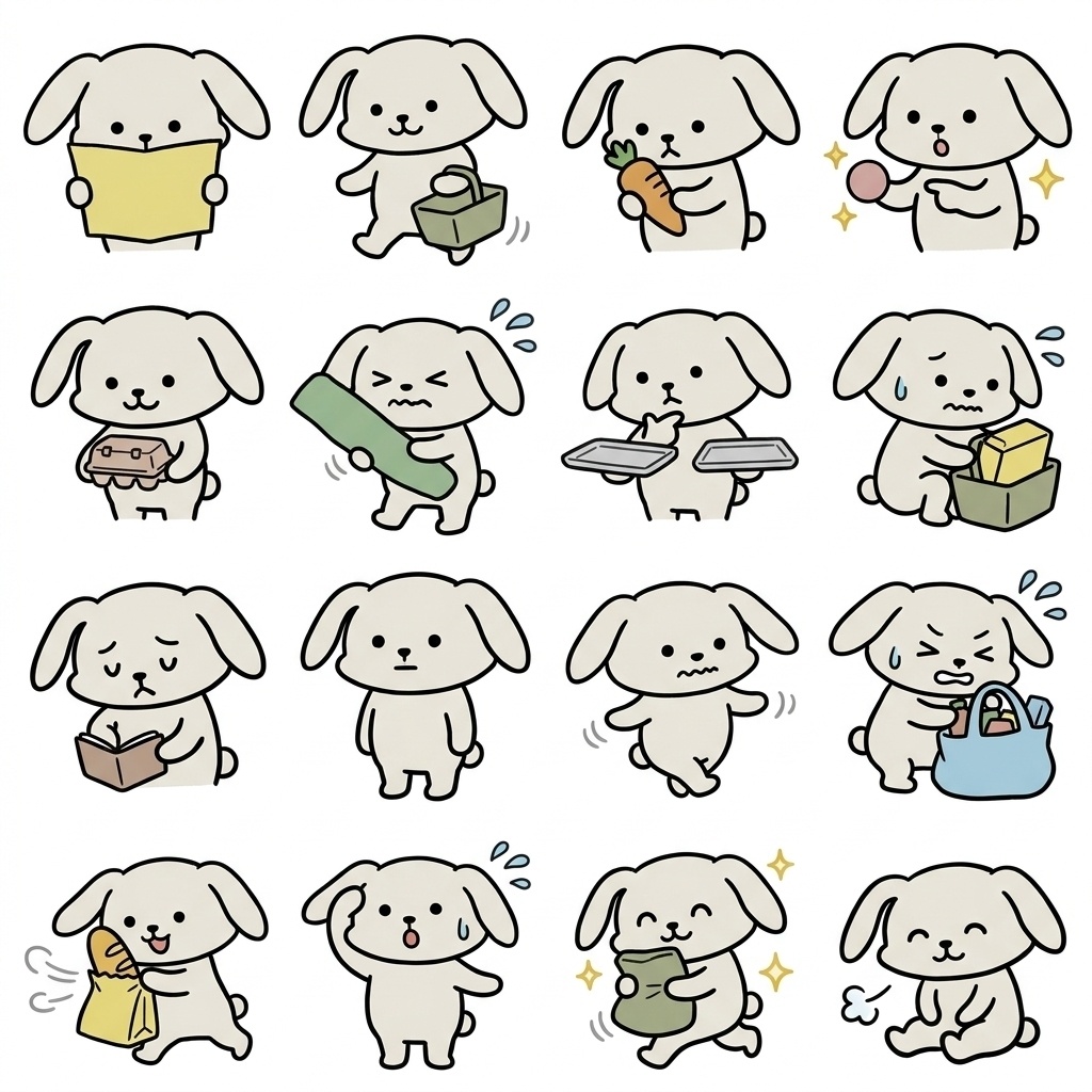 【画像素材】スーパーの買い物・特売に！オフホワイトのウサギ日常イラスト16種セット