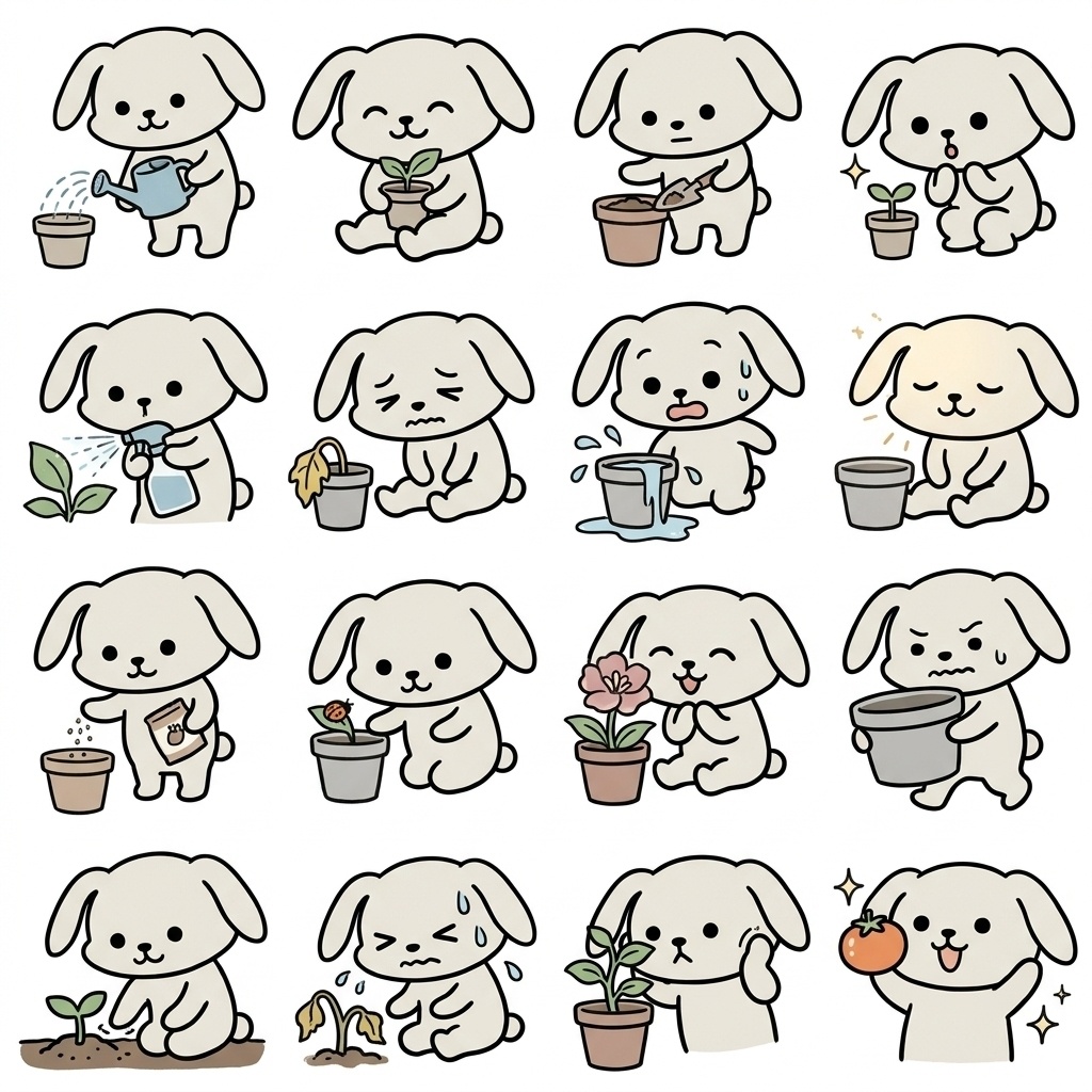 【画像素材】観葉植物・ベランダ菜園に！オフホワイトのウサギ日常イラスト16種セット