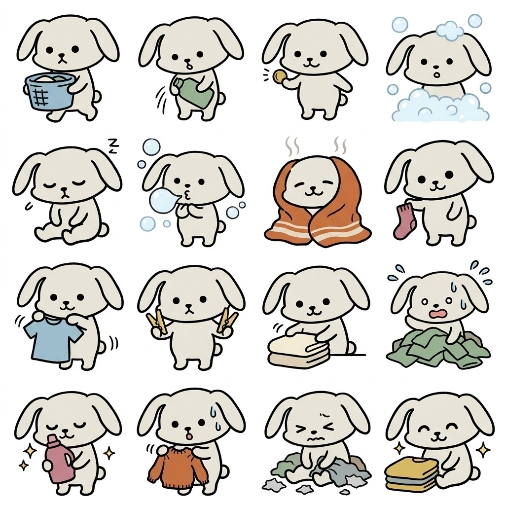 【画像素材】コインランドリー・お洗濯に！オフホワイトのウサギ日常イラスト16種セット