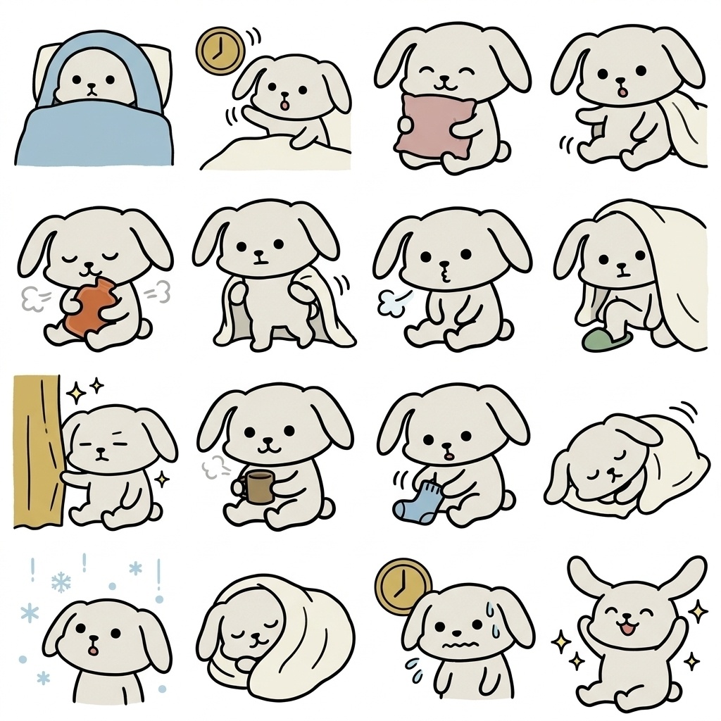 【画像素材】冬の朝・二度寝・おふとんに！オフホワイトのウサギ日常イラスト16種セット