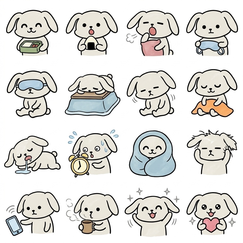 【画像素材】お昼寝・昼休みの仮眠に！オフホワイトのウサギ日常イラスト16種セット