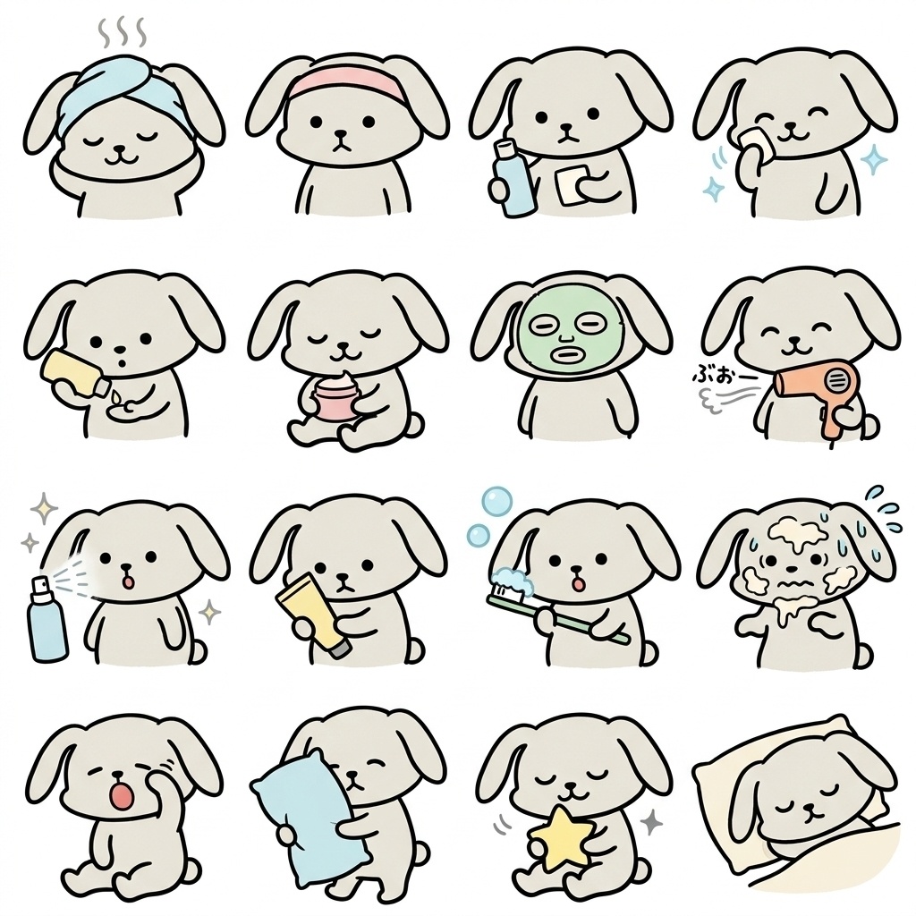 【画像素材】お風呂あがり・スキンケアに！オフホワイトのウサギ日常イラスト16種セット