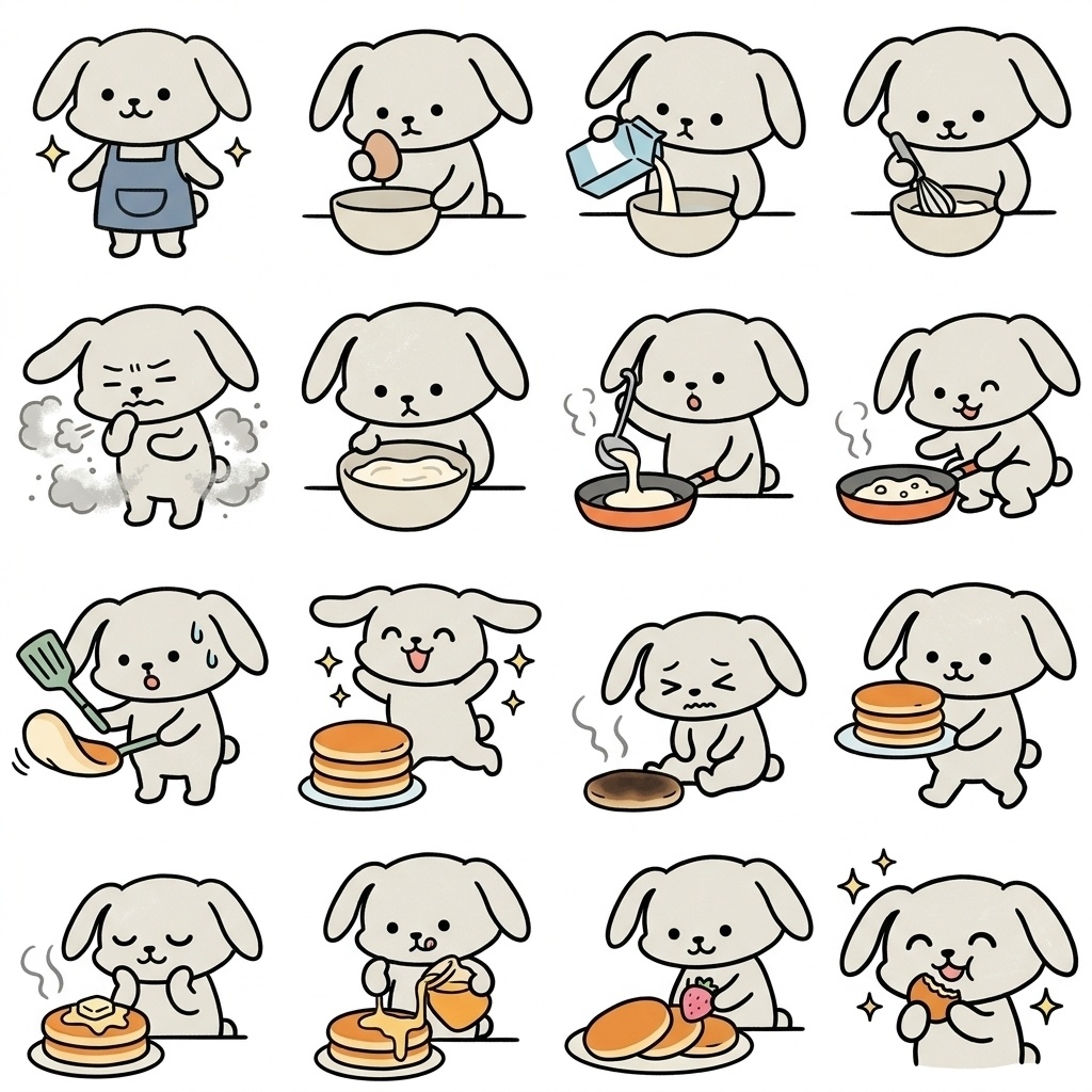 【画像素材】ホットケーキ・パンケーキ作りに!オフホワイトのウサギ日常イラスト16種セット