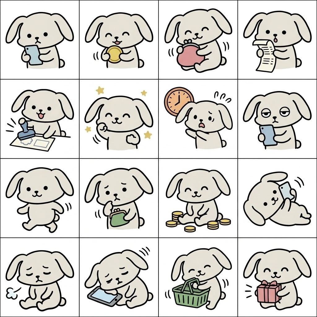 【画像素材】ポイ活・節約に！オフホワイトのウサギ日常イラスト16種セット