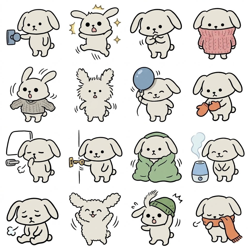 【画像素材】冬の静電気対策に！オフホワイトのウサギ日常イラスト16種セット