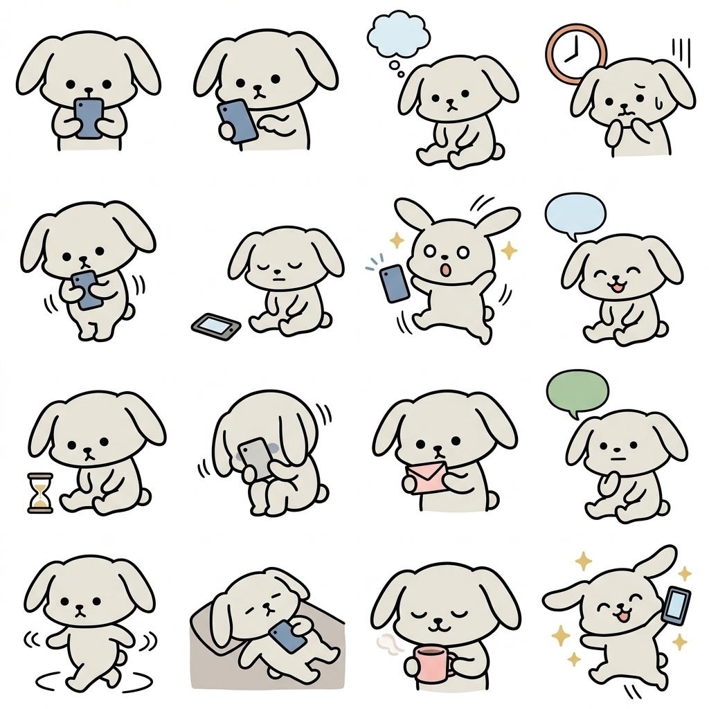 【画像素材】返信待ち・既読スルー対策に！オフホワイトのウサギ日常イラスト16種セット
