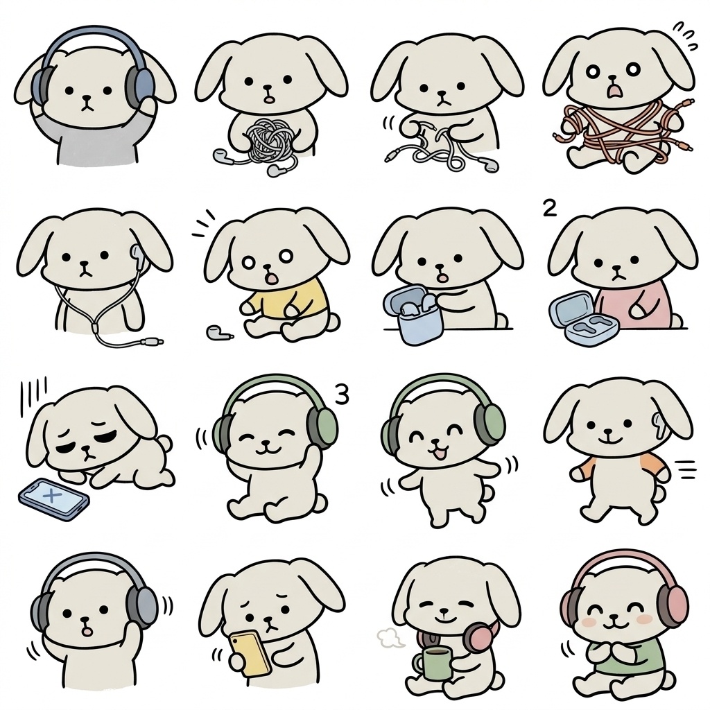 【画像素材】イヤホンのからまり・音楽ライフに！オフホワイトのウサギ日常イラスト16種セット