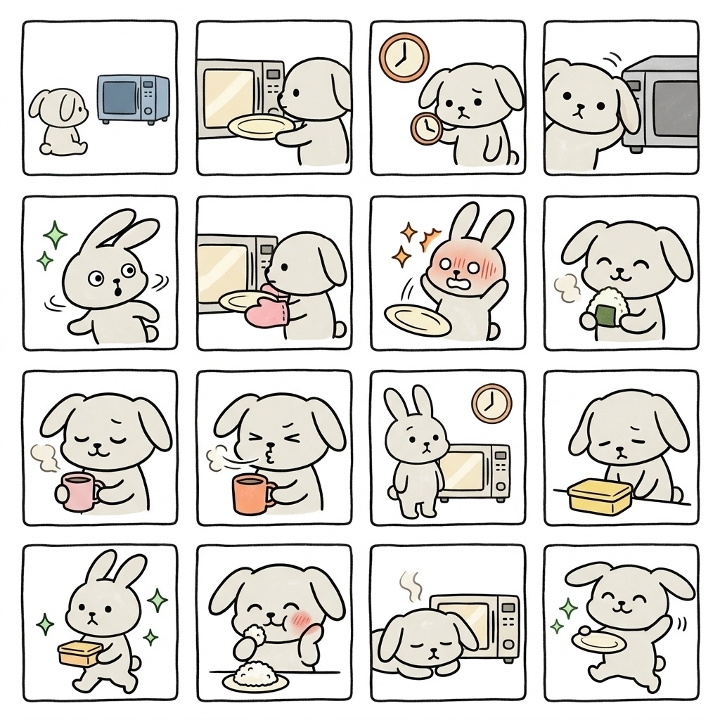 【画像素材】電子レンジのあたため待ちに！オフホワイトのうさぎ日常イラスト16種セット