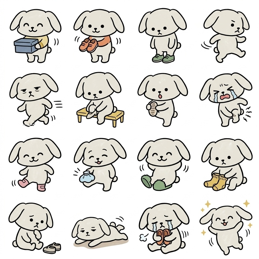 【画像素材】新しい靴の靴ずれ・足の痛みに！オフホワイトのうさぎ日常イラスト16種セット