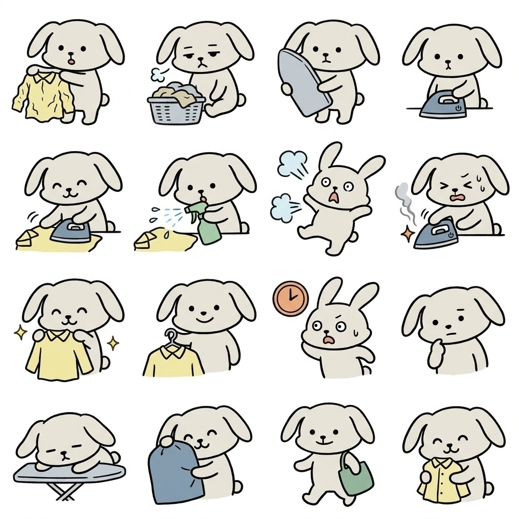 【画像素材】アイロンがけ・服のしわ・クリーニング出しに！オフホワイトのうさぎ日常イラスト16種セット