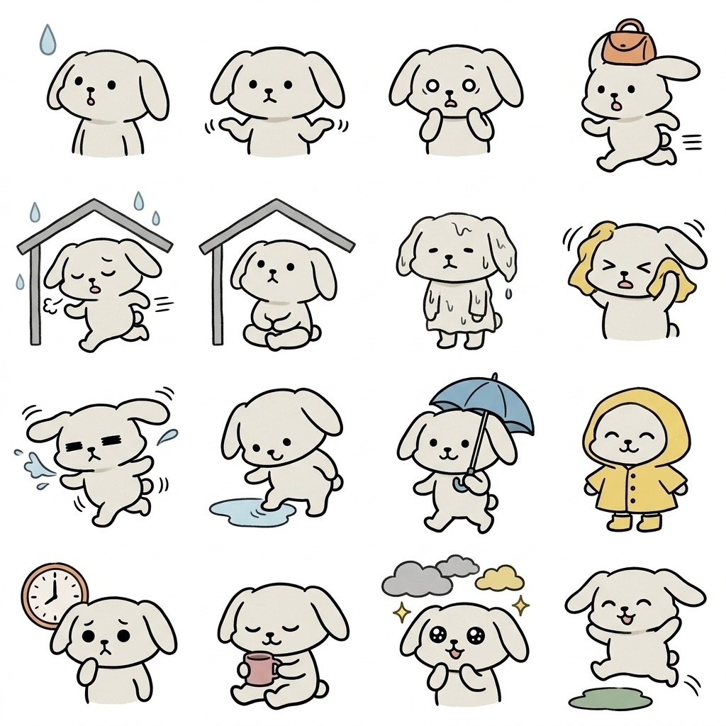 【画像素材】急な雨・びしょぬれ・雨宿りに！オフホワイトのうさぎ日常イラスト16種セット