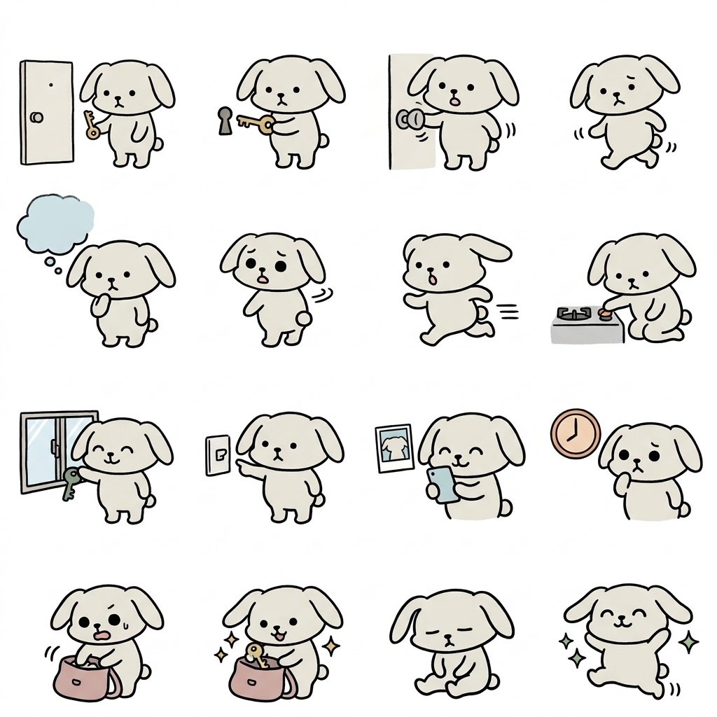 【画像素材】鍵かけたっけ？・戸締まり確認に！オフホワイトのうさぎ日常イラスト16種セット