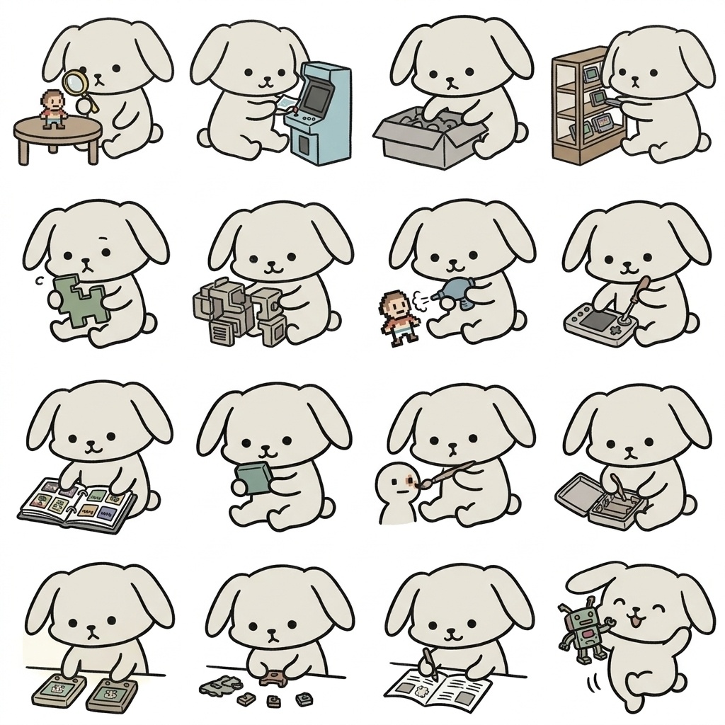 【画像素材】レトロゲーム・ホビー収集に！オフホワイトのうさぎ日常イラスト16種セット