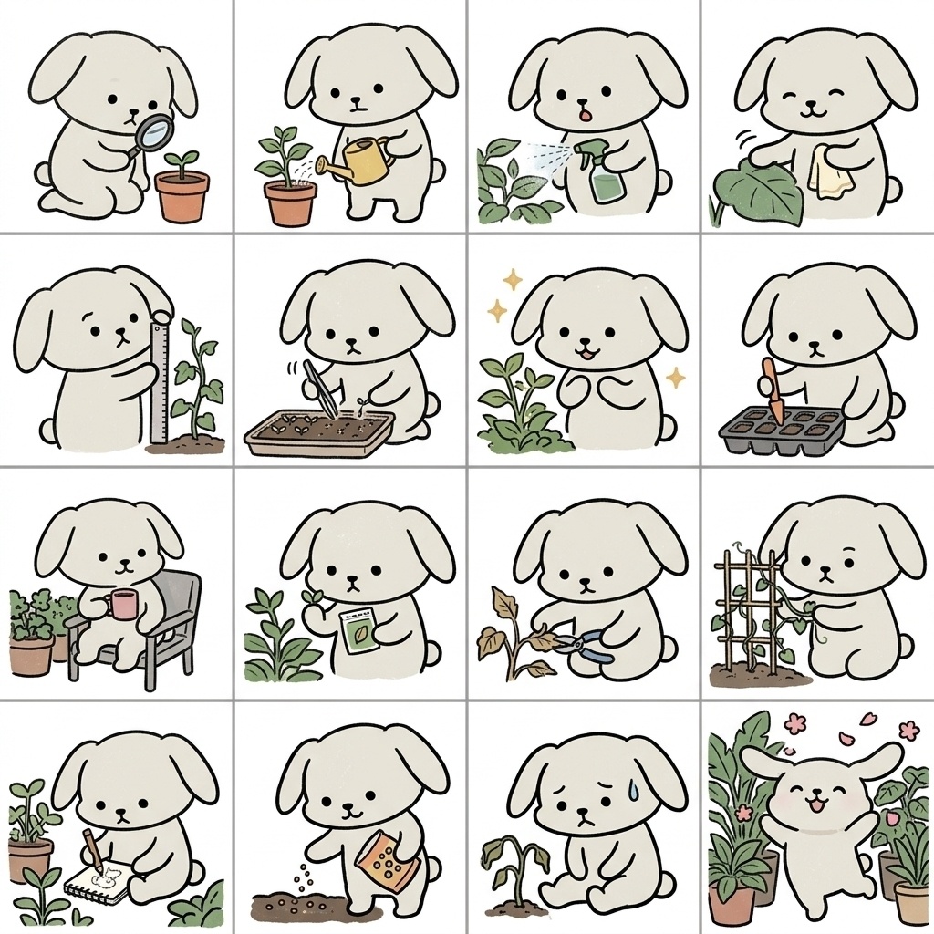 【画像素材】観葉植物・植物のお世話に！オフホワイトのうさぎ日常イラスト16種セット