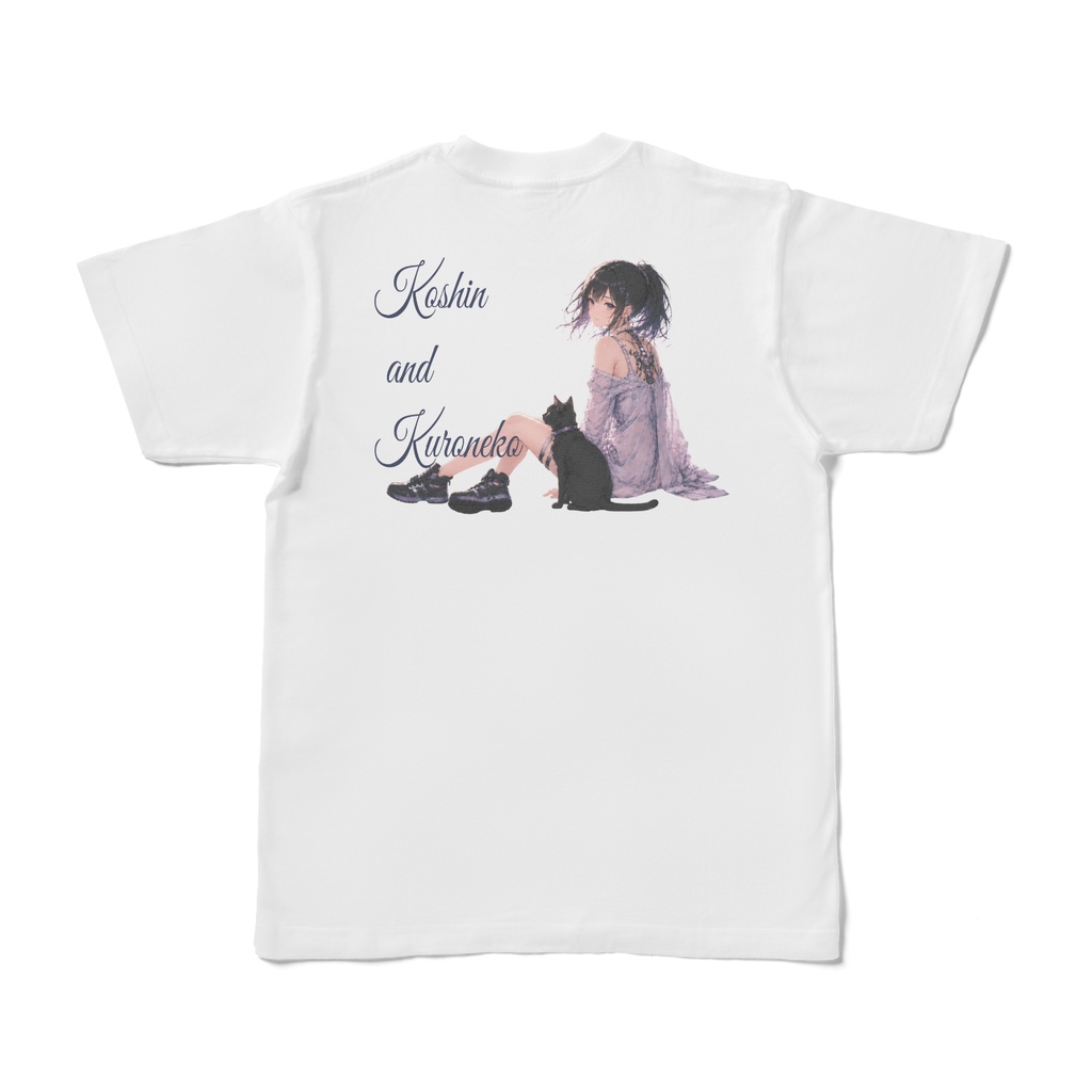 Koshin and Kuroneko未来編ブランドロゴ入りTシャツ(正面ロゴ、背面イラスト)