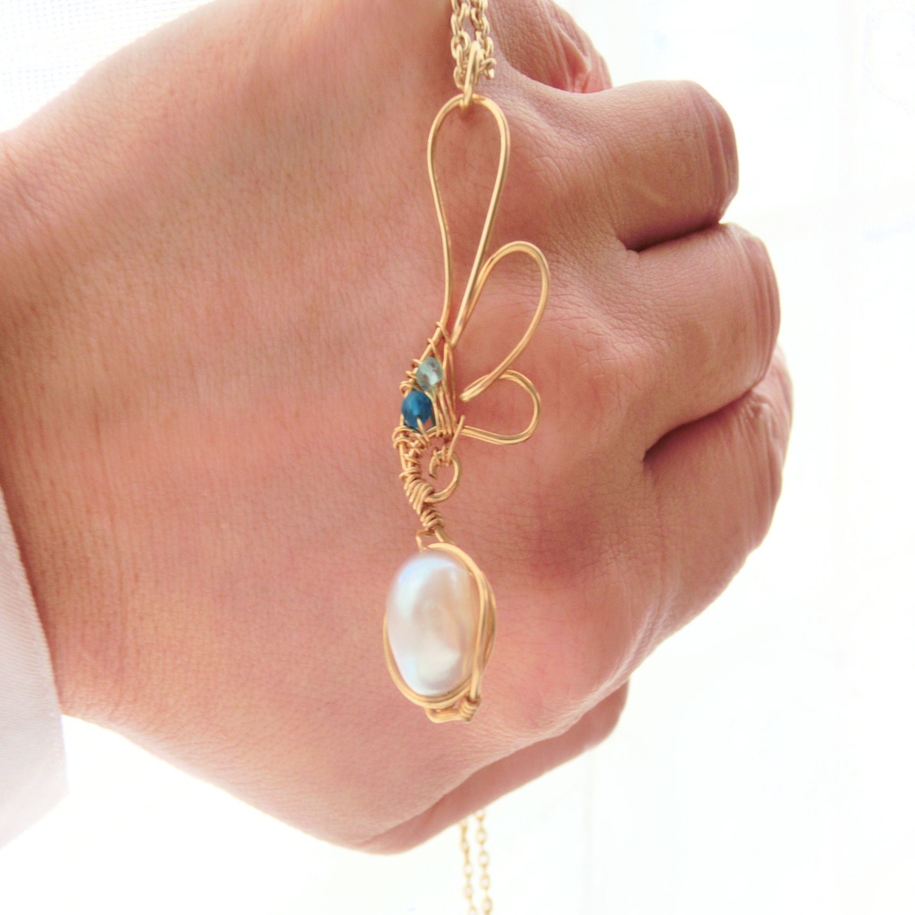 天使の羽根 パールネックレス 真珠 アパタイト 天然石