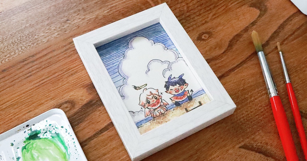 夏の小話④「堤防の上で」【ミニ原画｜額付】