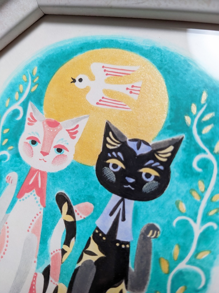 「ふたごのまねきねこ」2022年制作 1点もの原画・額装込み ケント紙、アクリル絵具