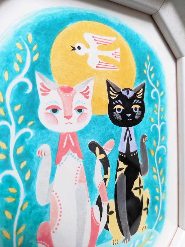 「ふたごのまねきねこ」2022年制作 1点もの原画・額装込み ケント紙、アクリル絵具