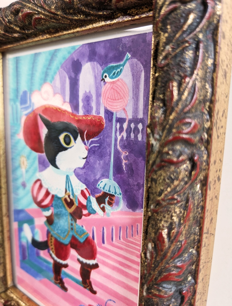 「ねこの騎士」2022年制作 1点もの原画・額装込み ケント紙、アクリル絵具