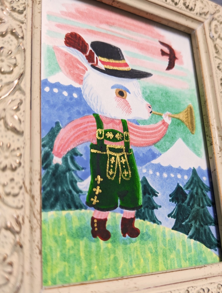 「白いヤギの子」2022年制作 1点もの原画・額装込み ケント紙、アクリル絵具