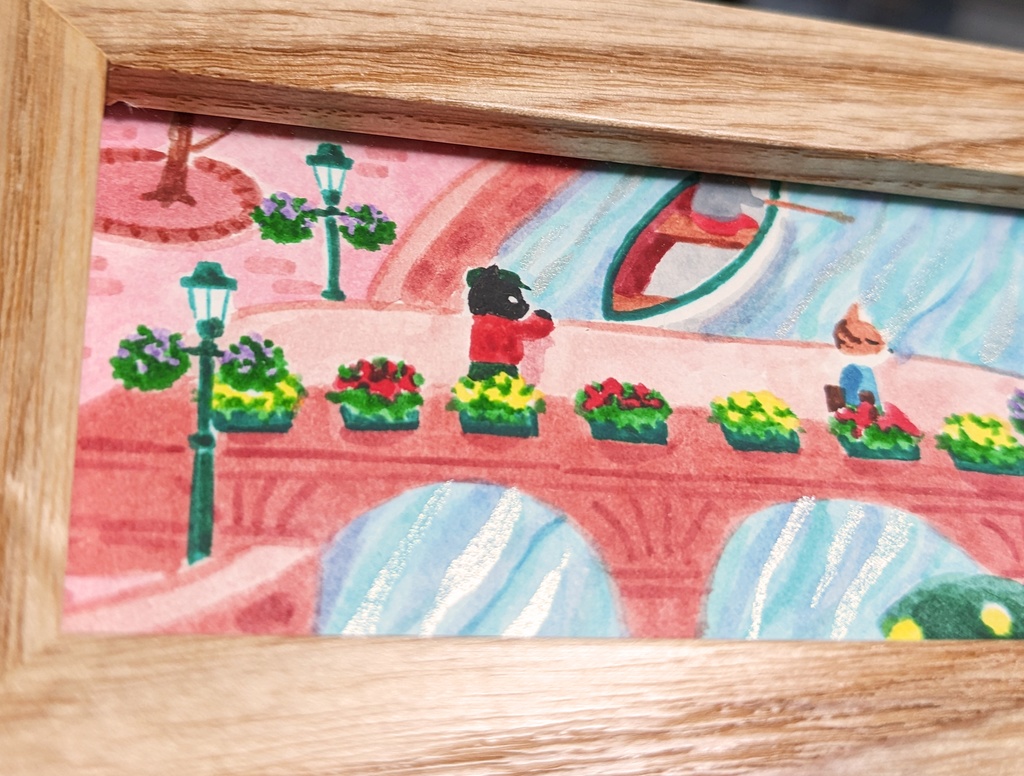 「TownⅡ」2022年制作 1点もの原画・額装込み ケント紙、アクリル絵具