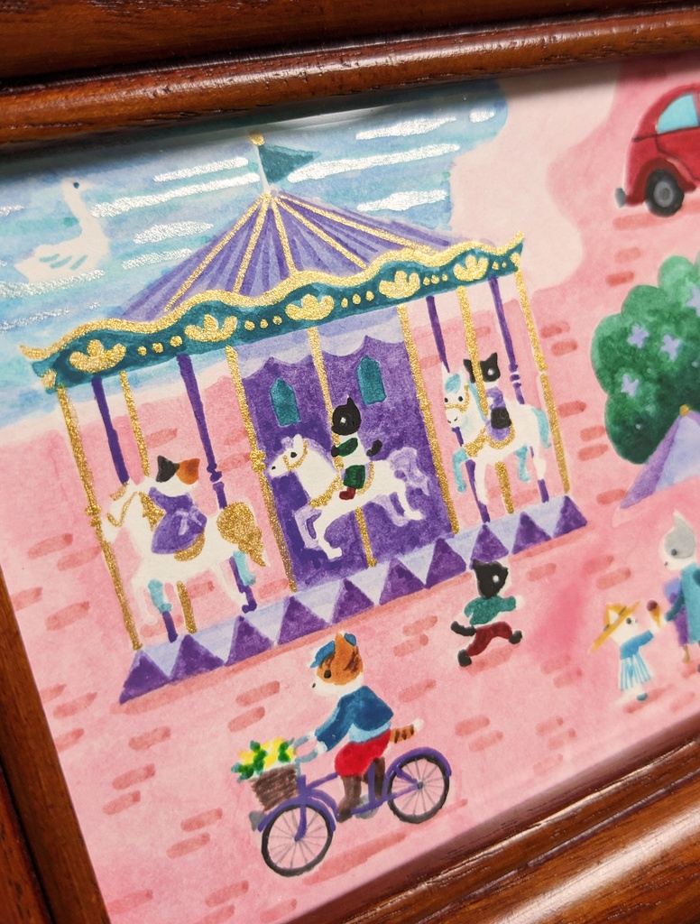 「TownⅢ」2022年制作 1点もの原画・額装込み ケント紙、アクリル絵具