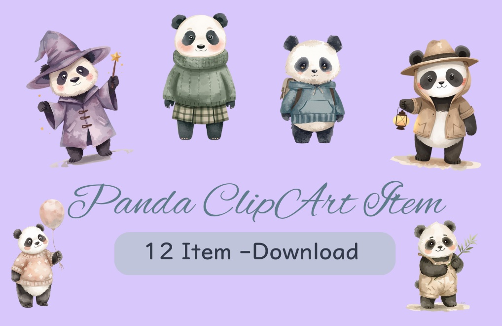 かわいい水彩パンダのクリップアートセット