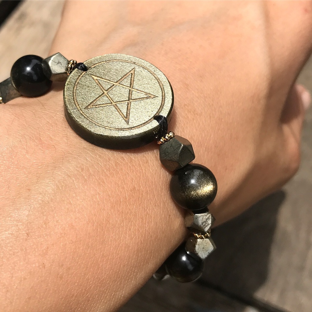 辉く 天然石 黄鉄鉱 ゴールデンシャインオブシディアン 五芒星ブレスレット