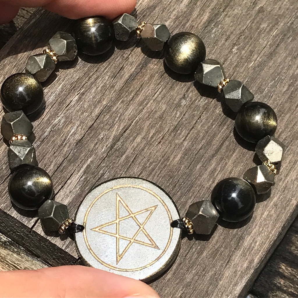 辉く 天然石 黄鉄鉱 ゴールデンシャインオブシディアン 五芒星ブレスレット