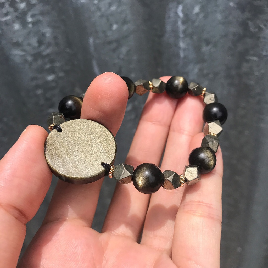 辉く 天然石 黄鉄鉱 ゴールデンシャインオブシディアン 五芒星ブレスレット